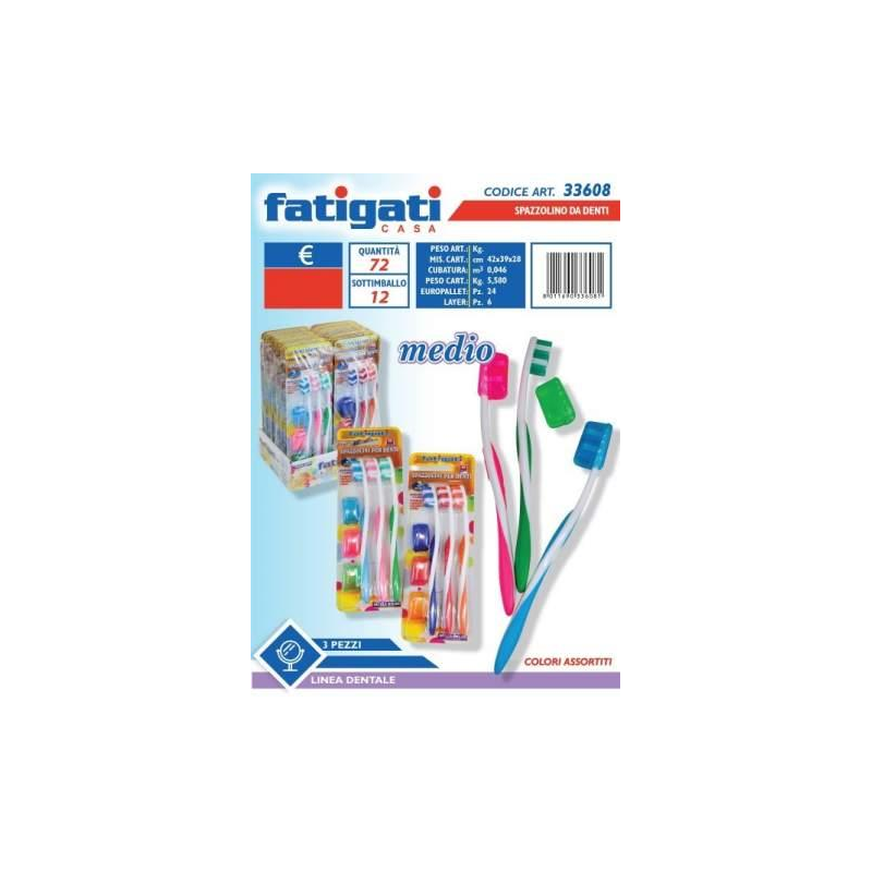 FATIGATI SPAZZOLINO DA DENTI 3 PZ MEDIO IMBALLI INTERI X 12